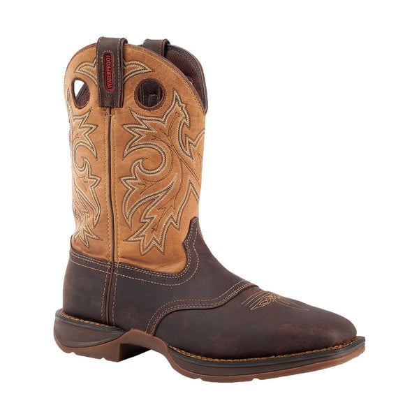 two toned cowboy work boot with like brown shaft and dark brown vamp with light brown embroidery 