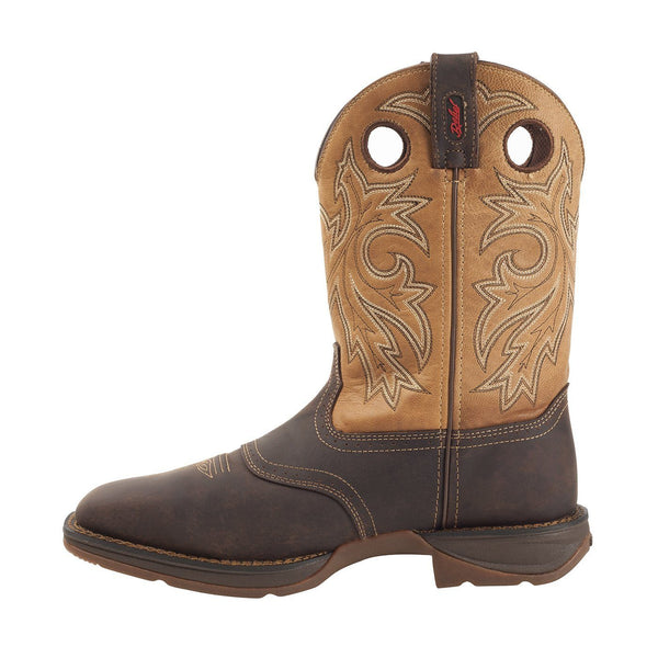 side of two toned cowboy work boot with like brown shaft and dark brown vamp with light brown embroidery 