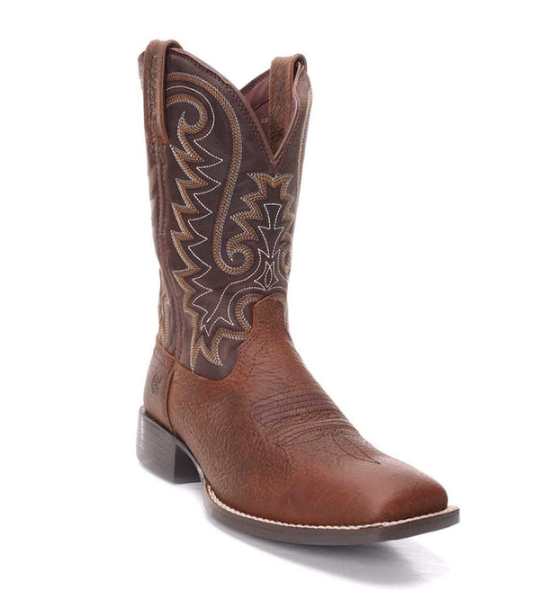 right angled view of mens square toe cowboy boot with a brown distressed vamp and a darker brown shaft with white, tan, and brown embroidered design