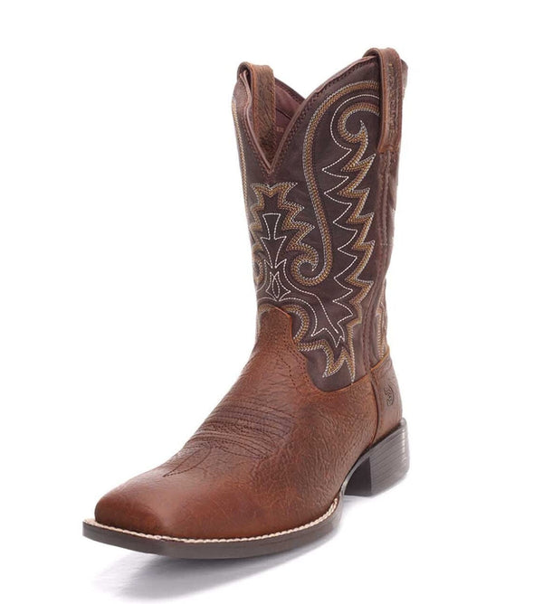 left angled view of mens square toe cowboy boot with a brown distressed vamp and a darker brown shaft with white, tan, and brown embroidered design