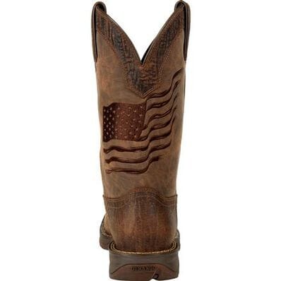 back view of brown distressed pull on western cowboy boot with American flag embroidered across the shaft