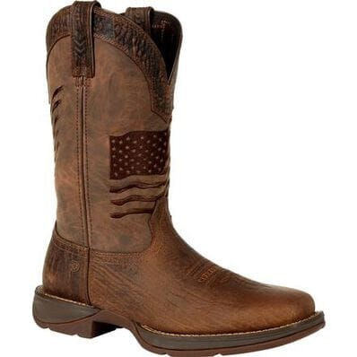 Brown distressed pull on western cowboy boot with American flag embroidered across the shaft