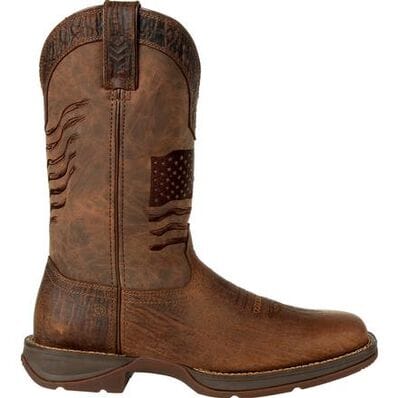 right side view of brown distressed pull on western cowboy boot with American flag embroidered across the shaft