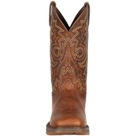front of brown cowboy boot with tan embroidery and square toe