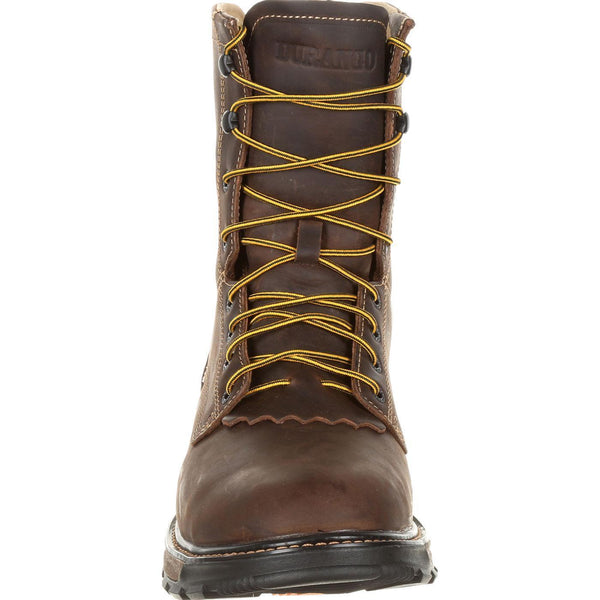 front of high top work boot with yellow laces and black sole and kiltie