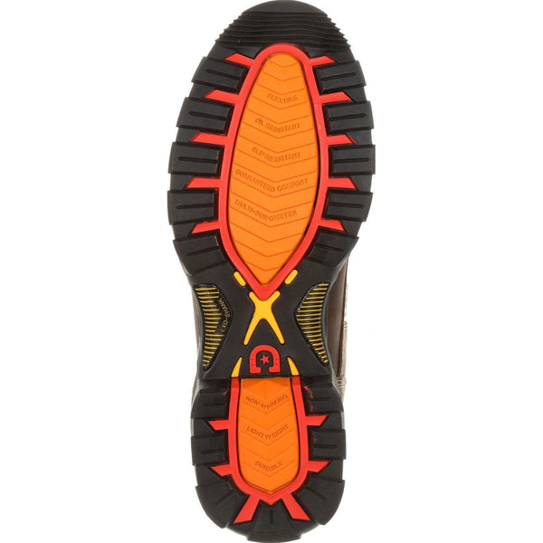 red orange and black sole with red logo in middle