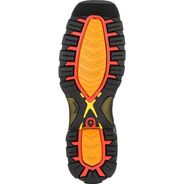red yellow and orange sole with red logo in middle