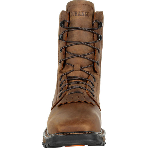 front of high top brown work boot with dark laces and kiltie