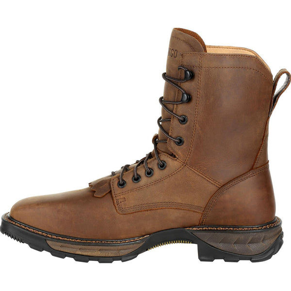 side of high top brown work boot with dark laces and kiltie