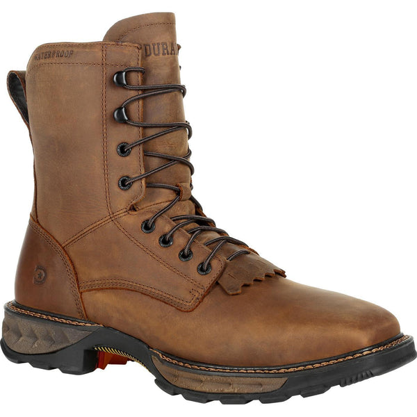 high top brown work boot with dark laces and kiltie