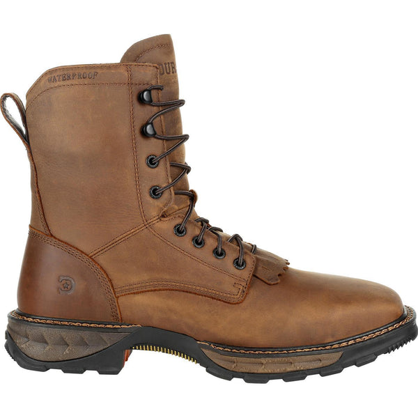 side of high top brown work boot with dark laces and kiltie