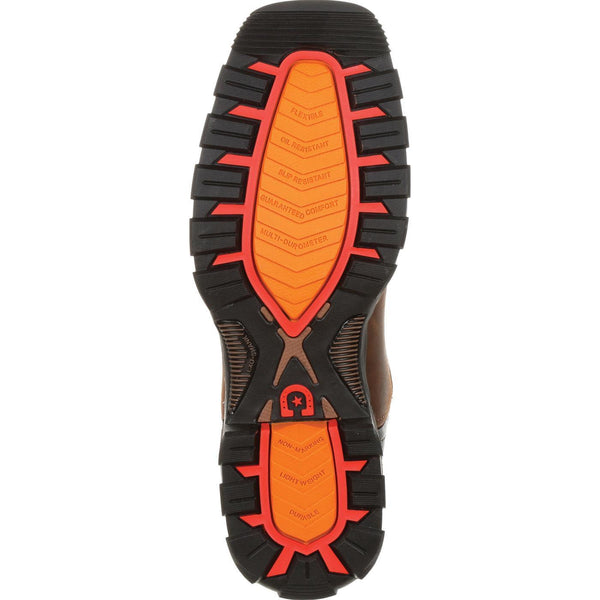 black sole with orange and red accents and red logo in center