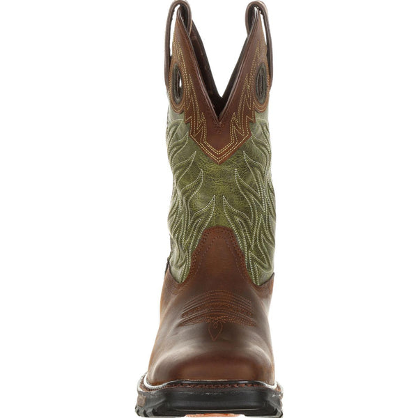 front view of cowboy boot with green shaft and white embroidery with brown vamp
