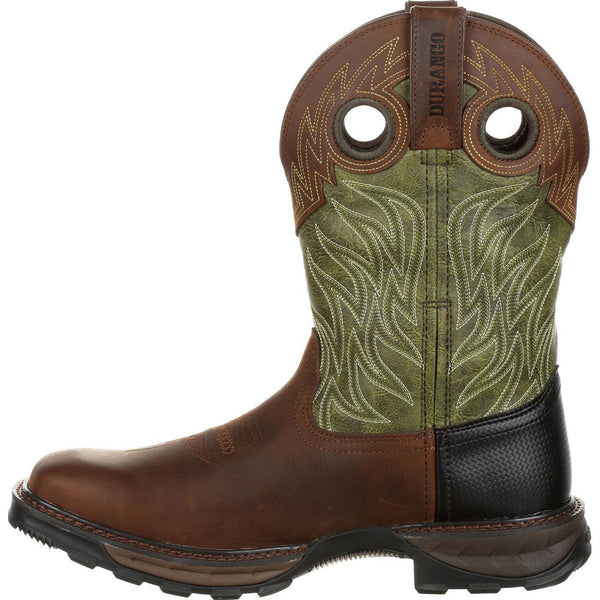 alternative side view of cowboy boot with green shaft and white embroidery with brown vamp