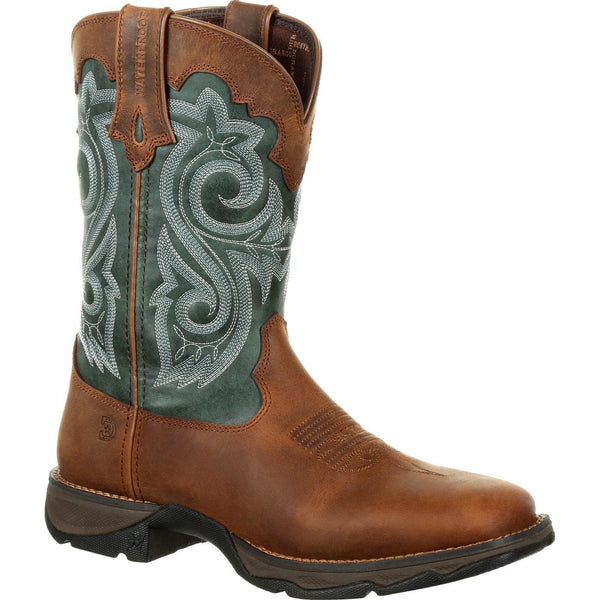 light brown cowgirl work boot with green shaft and white embroidery