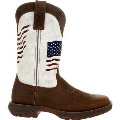 right side view of pull on square toe western cowboy boot with dark brown vamp, pull straps, and hem and white shaft with American flag on front and back
