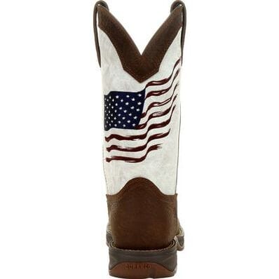 rear view of pull on square toe western cowboy boot with dark brown vamp, pull straps, and hem and white shaft with American flag on back
