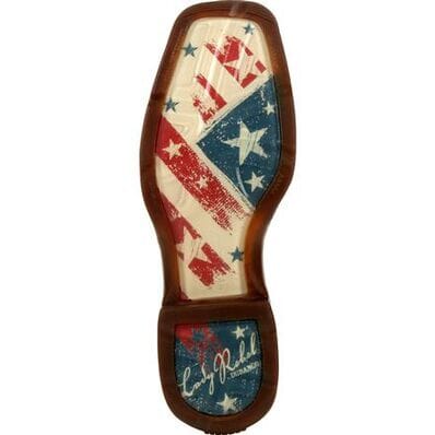 bottom of sole of square toe mens western cowboy boot with red, white, and blue americana flag design