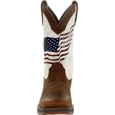 front view of pull on square toe western cowboy boot with dark brown vamp, pull straps, and hem and white shaft with American flag on front