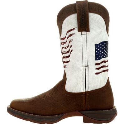 left side view of pull on square toe western cowboy boot with dark brown vamp, pull straps, and hem and white shaft with American flag on front and back