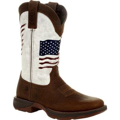 pull on square toe western cowboy boot with dark brown vamp, pull straps, and hem and white shaft with American flag on front and back