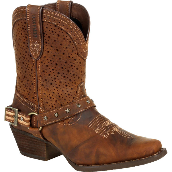 vented cowgirl boot with star shaped vents on shaft and leather belt with metal stars on vamp