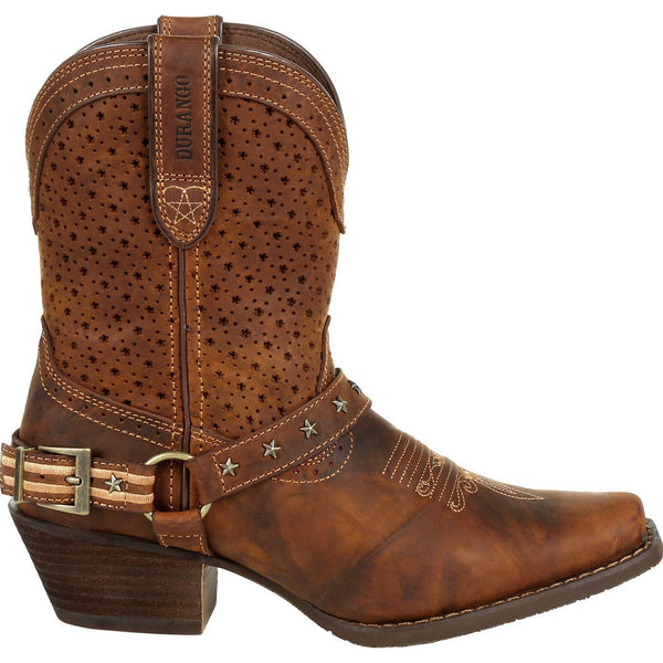 side of vented cowgirl boot with star shaped vents on shaft and leather belt with metal stars on vamp