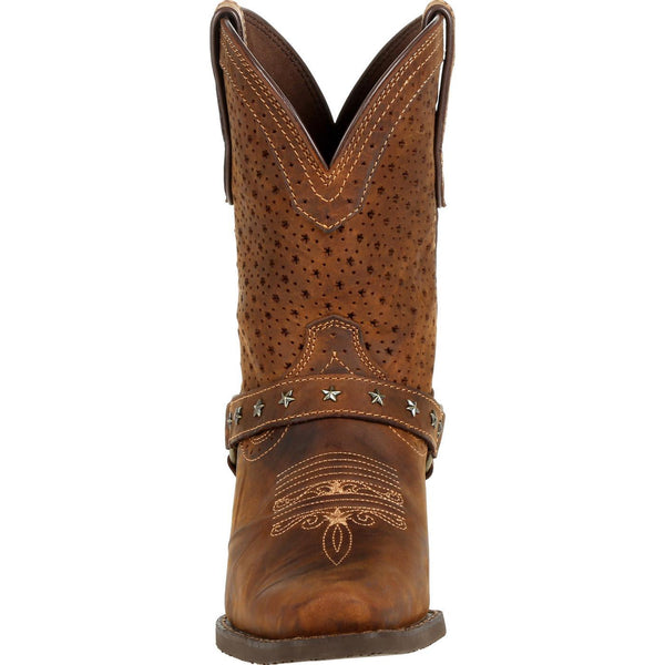 front of vented cowgirl boot with star shaped vents on shaft and leather belt with metal stars on vamp