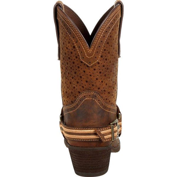 back of vented cowgirl boot with star shaped vents on shaft and leather belt with metal stars on vamp