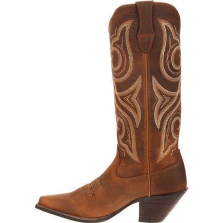 side of high top brown cowgirl boot with white embroidery and narrow toe