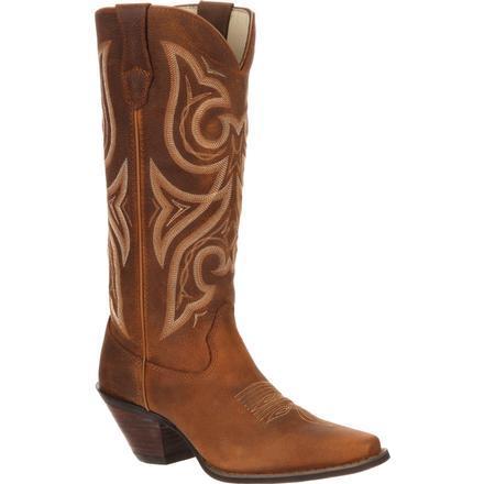 high top brown cowgirl boot with white embroidery and narrow toe