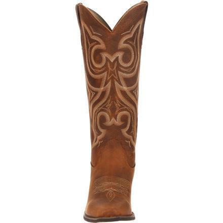 front of high top brown cowgirl boot with white embroidery and narrow toe