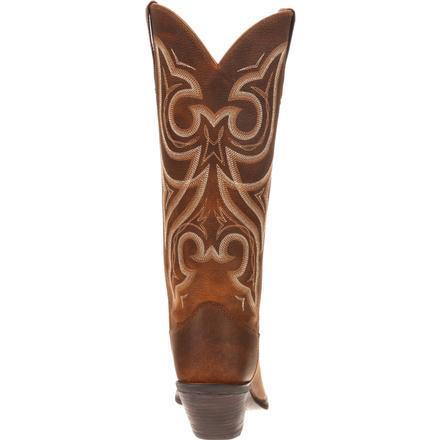 back of high top brown cowgirl boot with white embroidery and narrow toe