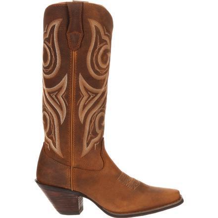alternate side of high top brown cowgirl boot with white embroidery and narrow toe