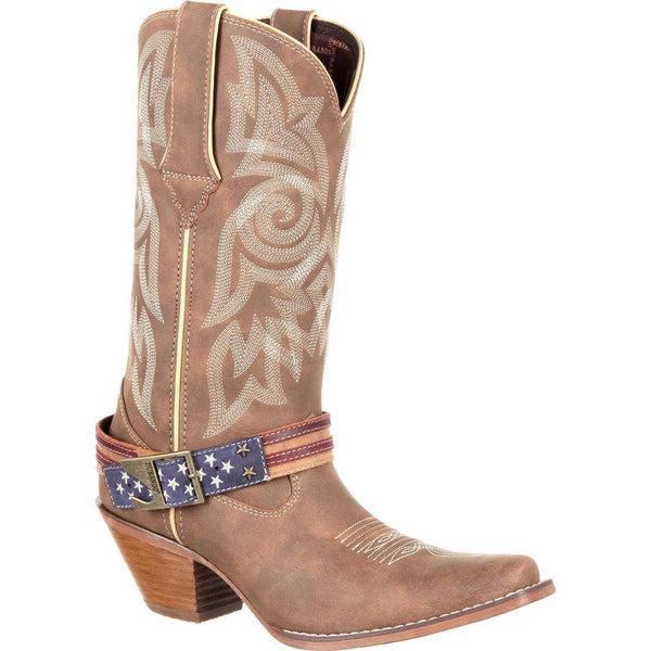 high top light brown cowgirl boot with white embroidery and american flag belt on vamp