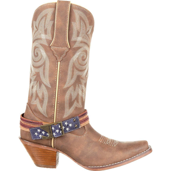 side of high top light brown cowgirl boot with white embroidery and american flag belt on vamp