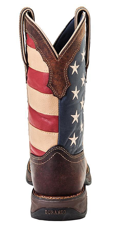 back of cowgirl work boot with american flag shaft and brown vamp