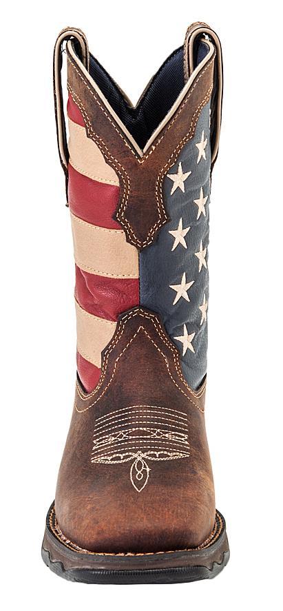 front of cowgirl work boot with american flag shaft and brown vamp