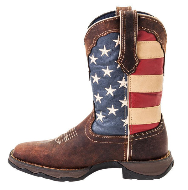 side of cowgirl work boot with american flag shaft and brown vamp