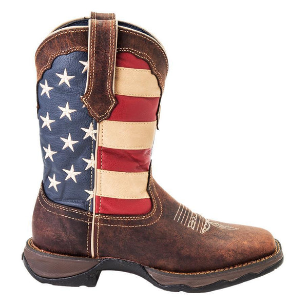 cowgirl work boot with american flag shaft and brown vamp