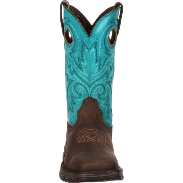 front of cowgirl boot with turquoise shaft and dark brown vamp and black and white embroidery