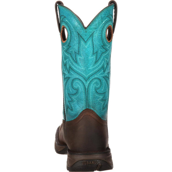 back of cowgirl boot with turquoise shaft and dark brown vamp and black and white embroidery