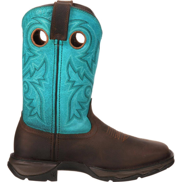 side of cowgirl boot with turquoise shaft and dark brown vamp and black and white embroidery
