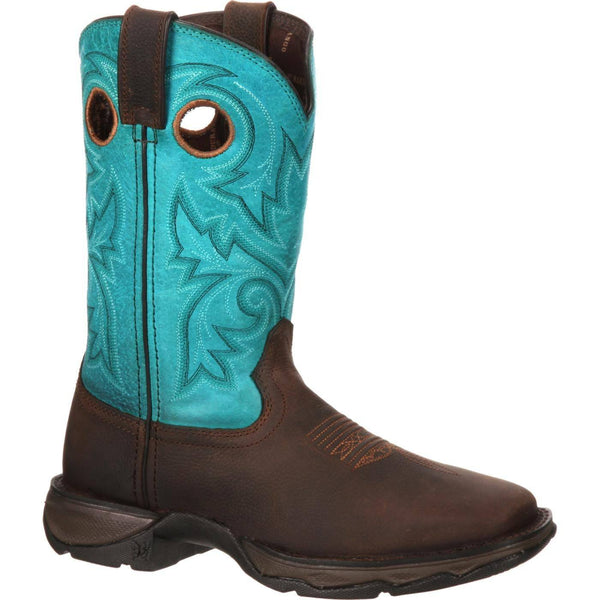 cowgirl boot with turquoise shaft and dark brown vamp and black and white embroidery