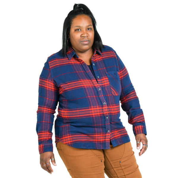 Dovetail Women's Givens Stretch Flannel Work Shirt in Navy and Orange