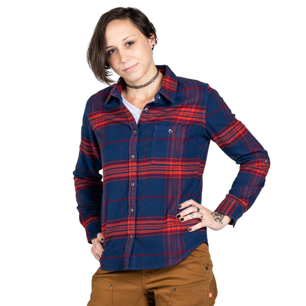 Dovetail Women's Givens Stretch Flannel Work Shirt in Navy and Orange