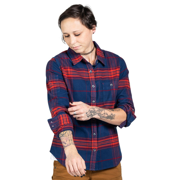 Dovetail Women's Givens Stretch Flannel Work Shirt in Navy and Orange