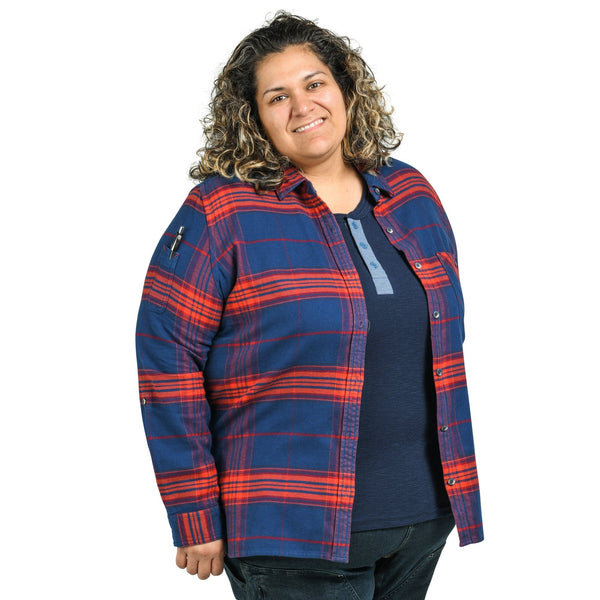 Dovetail Women's Givens Stretch Flannel Work Shirt in Navy and Orange