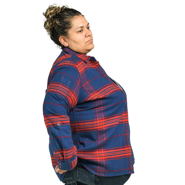 Dovetail Women's Givens Stretch Flannel Work Shirt in Navy and Orange