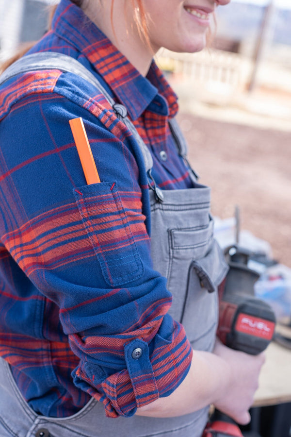 Dovetail Women's Givens Stretch Flannel Work Shirt in Navy and Orange